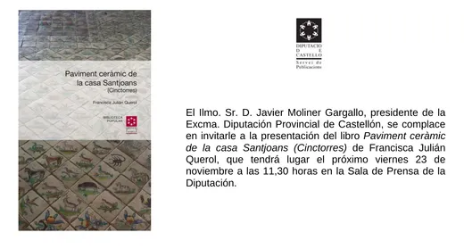 Invitació de la Diputació de Castelló a la presentació del llibre, el 23 de novembre de 2012
