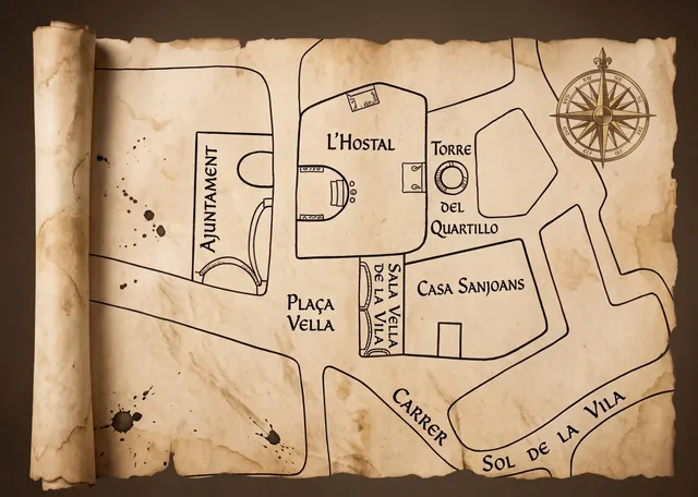 Croquis de la plaça Vella: l’Ajuntament, l’hostal, la torre del Quartillo, la Sala Vella de la Vila, la casa Santjoans i el carrer Sol de la Vila (redibuixat per a esta edició, amb Gemini, a partir del croquis a mà del treball)